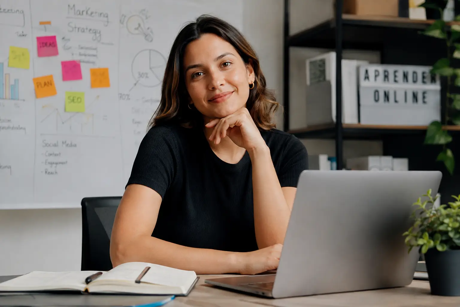 Profesional de marketing trabajando con una notebook en un entorno creativo