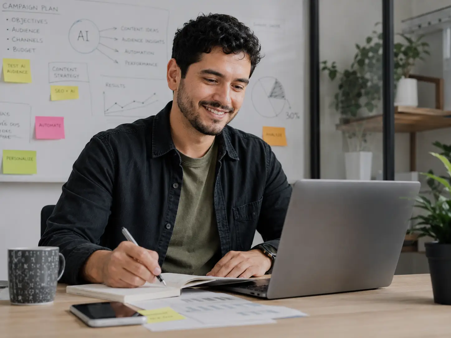 Profesional planificando una campaña con inteligencia artificial y marketing