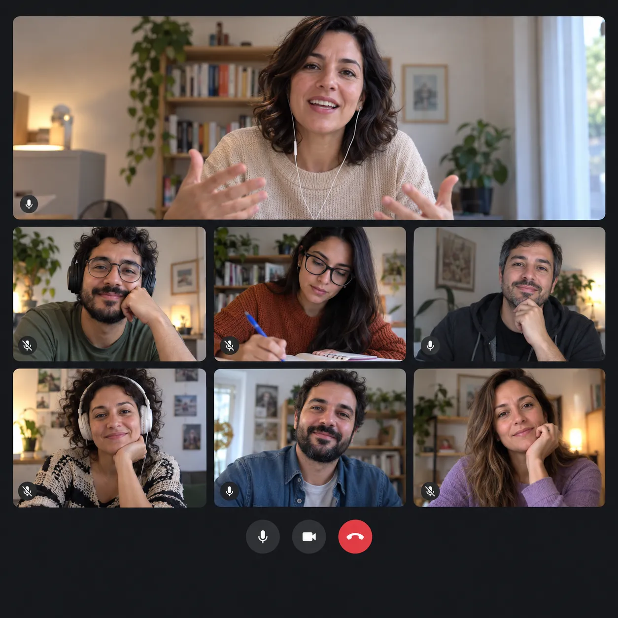 Imagen ilustrativa de una docente y seis estudiantes participando de una clase por videollamada
